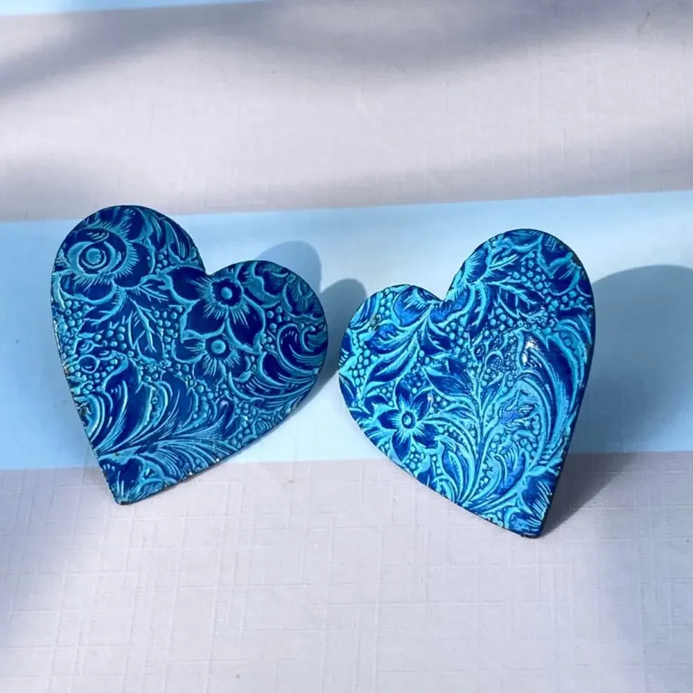 Blue brocade floral patterned heart post earrings